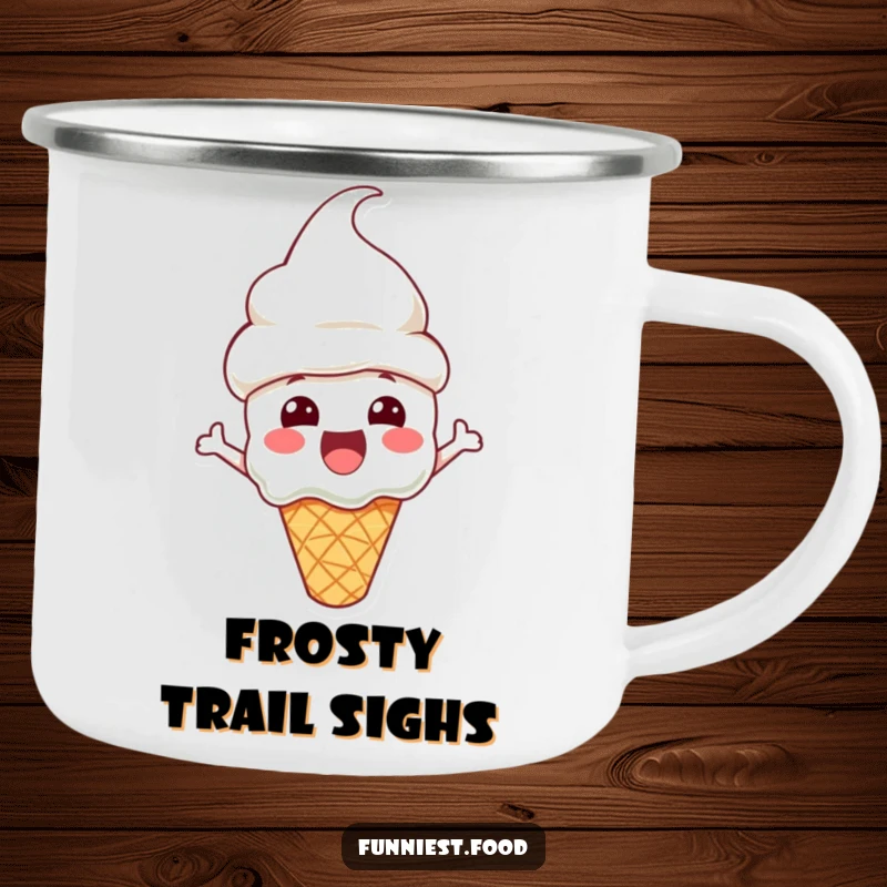 Funny Camping Mug featuring an excited ice cream cone character with a cone hat, perfect for sweet moments outdoors.