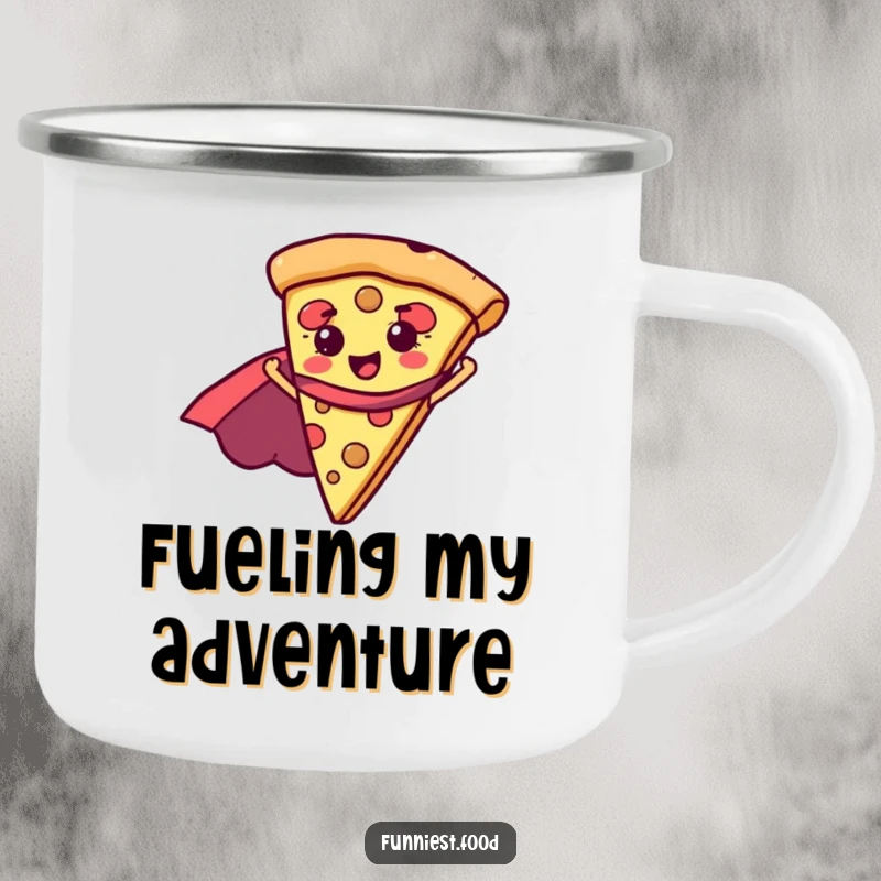 Funny pizza slice with a superhero cape, depicted on a sturdy camping mug, ready for campfire stories and laughter, a durable funny gift.