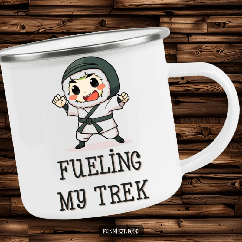 Funny Sushi Camping Mug: A durable mug featuring a gleeful sushi roll performing a karate chop, ready for outdoor adventures.