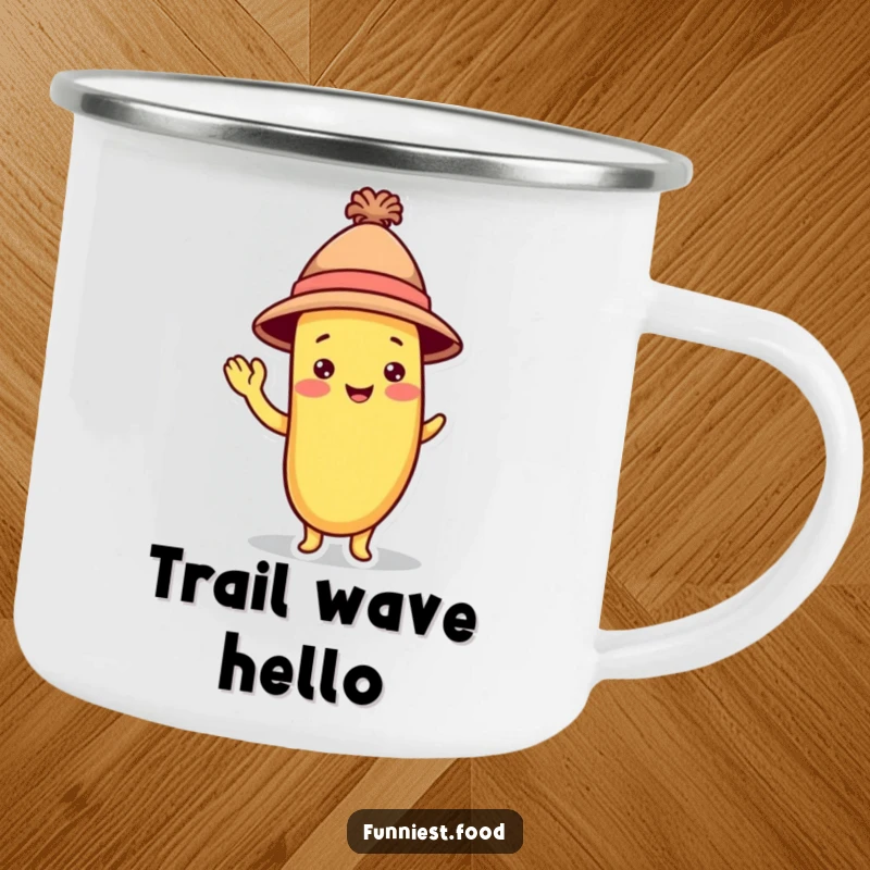 Funny Banana Camping Mug: A playful banana wearing a hat waves, bringing cheer to outdoor adventures.