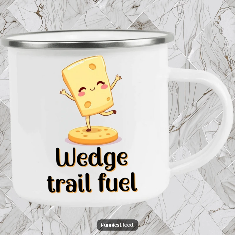 Funny camping mug showing a winking cheese wedge pirouetting on a cracker, adding humor to outdoor drinking.