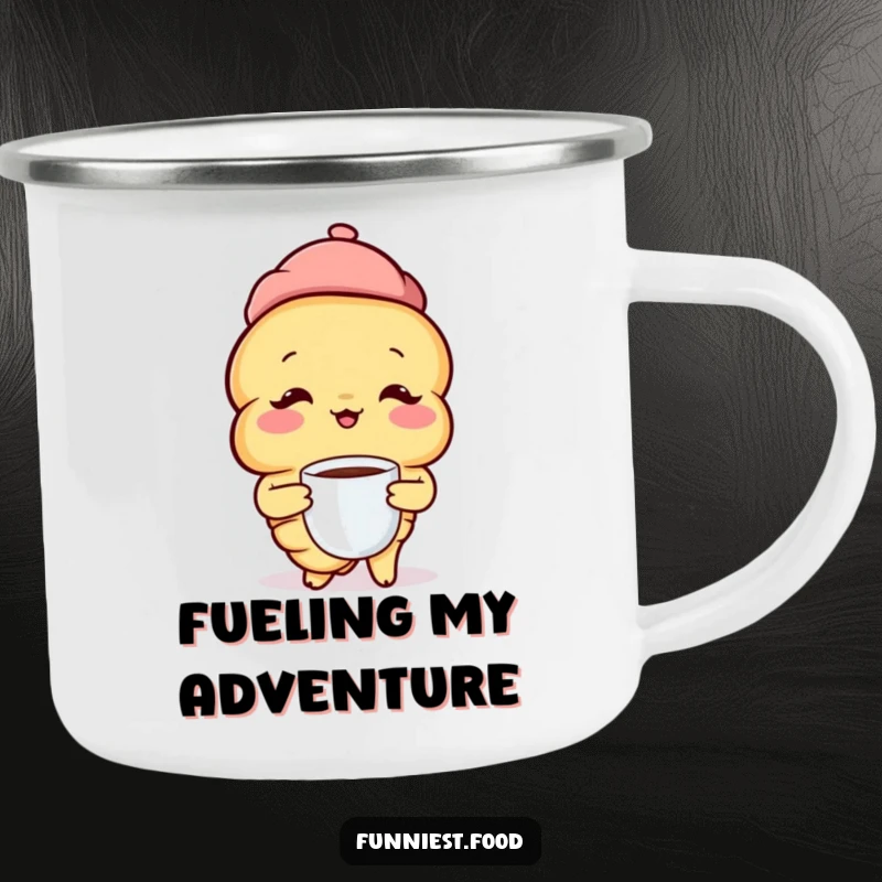 Funny Croissant Camping Mug: A rugged mug featuring a happy croissant in a beret sipping coffee, ready for outdoor adventures.