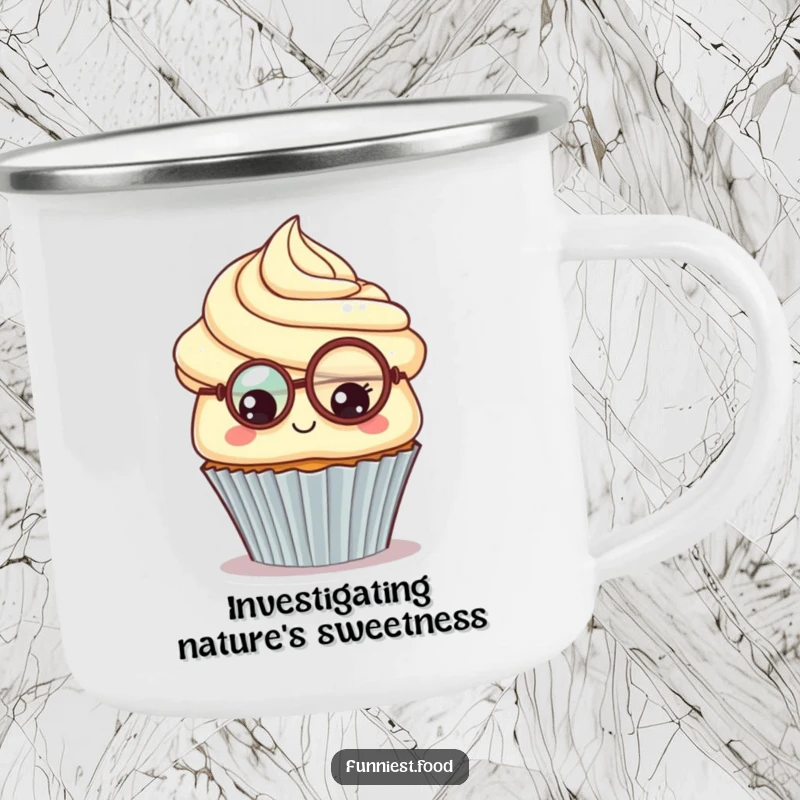 Funny Cupcake Monocle Camping Mug: An inquisitive cupcake with a monocle, ready for the outdoors, offering sophisticated sips and a funny gift.