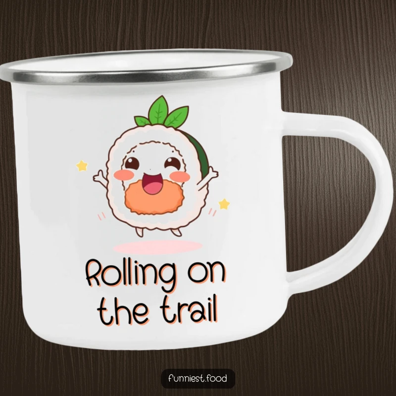 Funny delighted sushi camping mug, a happy dancing roll, for humorous outdoor enjoyment.