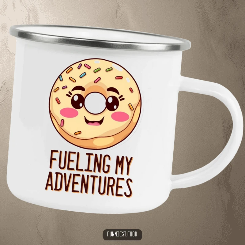 Funny donut with sprinkles making a silly face on a durable camping mug, perfect for outdoor adventures with humor, a funny gift.