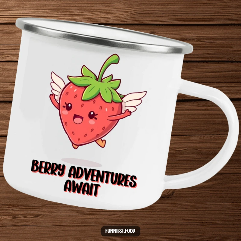 Funny jumping strawberry with tiny wings flying on a camping mug, for outdoor adventures with whimsical charm, a perfect funny gift.