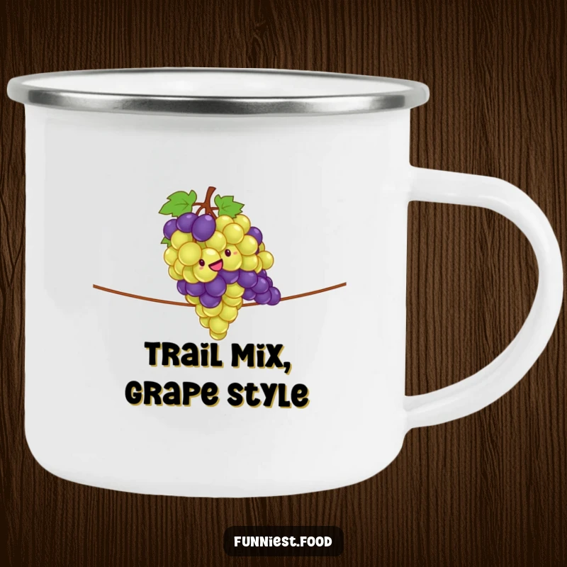 Funny camping mug showing a giddy bunch of grapes performing a tightrope act, ready for any outdoor escapade.