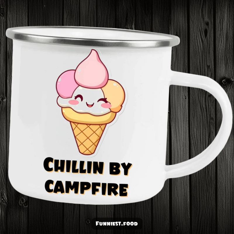 Funny Ice Cream Camping Mug: A happy ice cream cone with winking scoops brings sweet cheer to outdoor adventures.