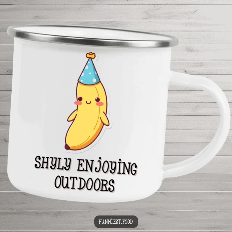 Funny shy banana wearing a party hat, depicted on a sturdy camping mug, ready for campfire sips and smiles, a charming funny gift.