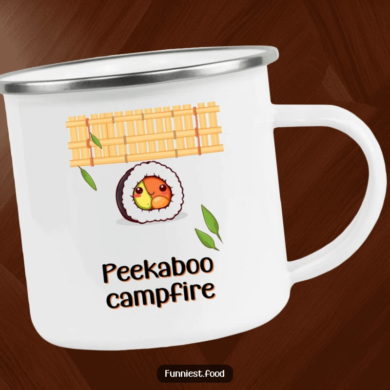 Funny camping mug with a shy sushi roll peeking from a bamboo mat, ideal for enjoying beverages outdoors with a splash of quiet cuteness.
