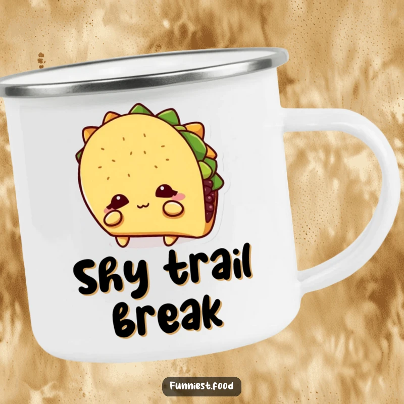 Funny Camping Mug: A shy taco character hides behind its shadow, perfect for enjoying drinks in quiet settings.