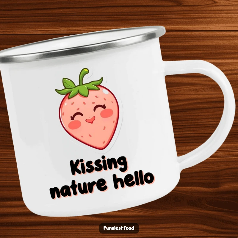Funny strawberry camping mug with a cheerful red strawberry blowing a kiss, durable for adventures and bringing smiles on the go.