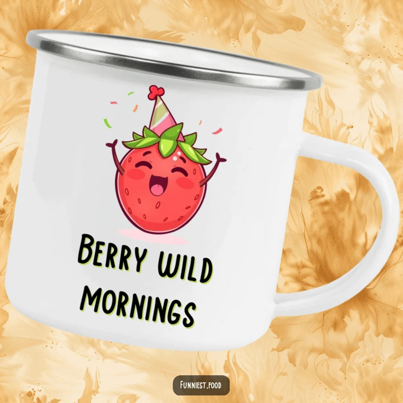 Funny camping mug with an excited strawberry wearing a party hat, cheering with streamers, ready for outdoor fun.