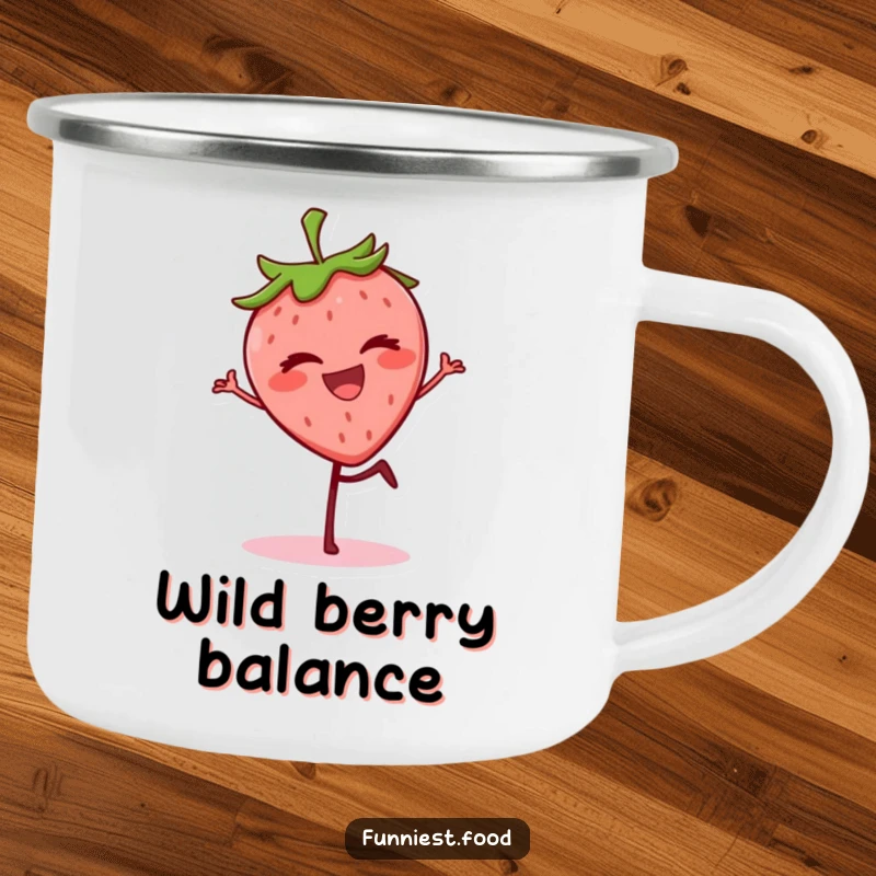 Funny grinning strawberry balancing on one leg, winking on a camping mug, a humorous and sturdy beverage holder.