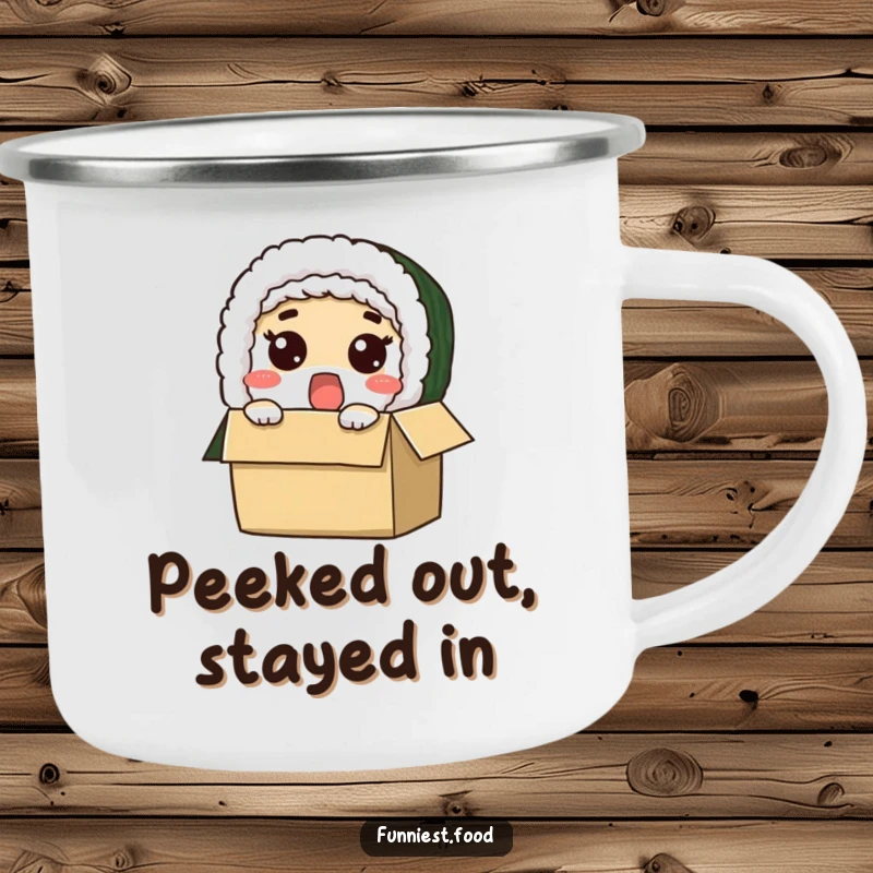Funny enamel camping mug with a surprised sushi roll character peeking out from a box, for outdoor humor.