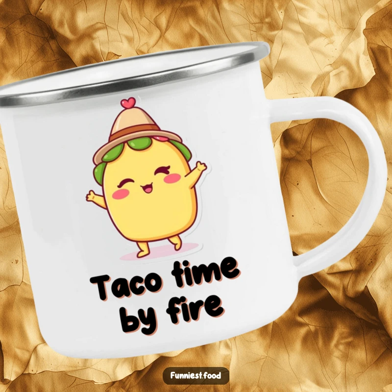 Funny camping mug with a winking taco wearing a hat and dancing, ideal for enjoying beverages outdoors with a splash of festive fun.