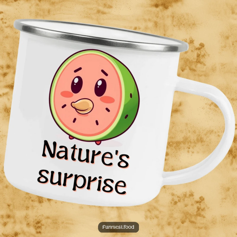 Funny Watermelon Camping Mug: A surprised watermelon slice with a flying seed brings humorous cheer to outdoor adventures.
