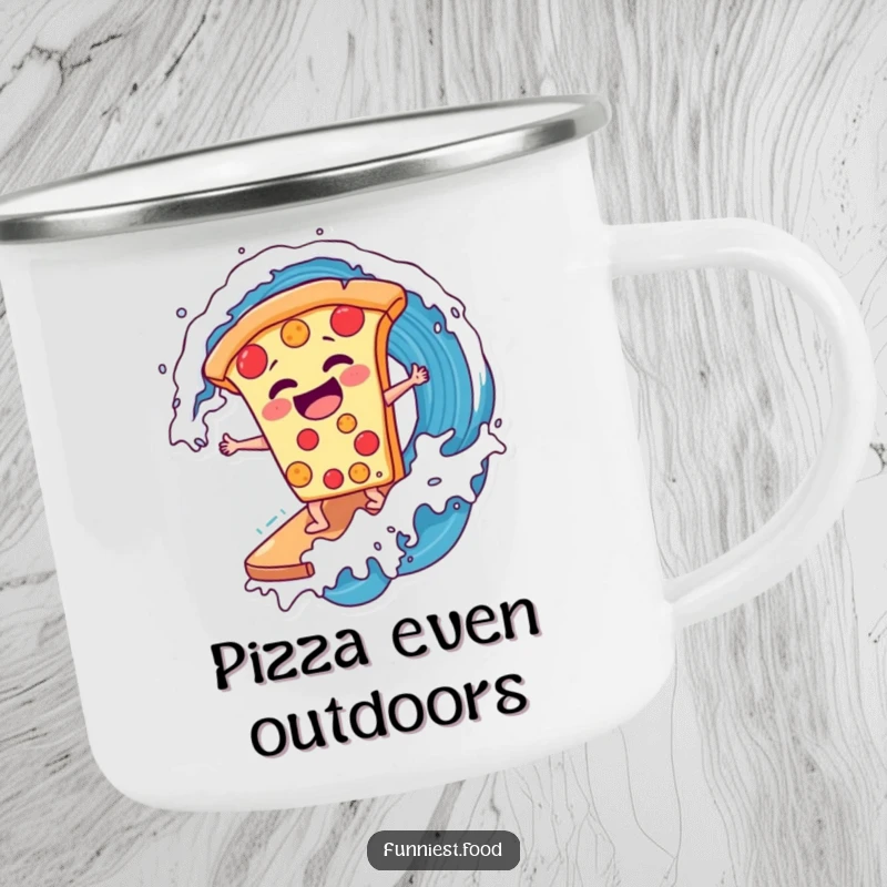 Funny laughing pizza slice surfing a soda wave on a camping mug, for outdoor fun and pizza love, a perfect funny gift.
