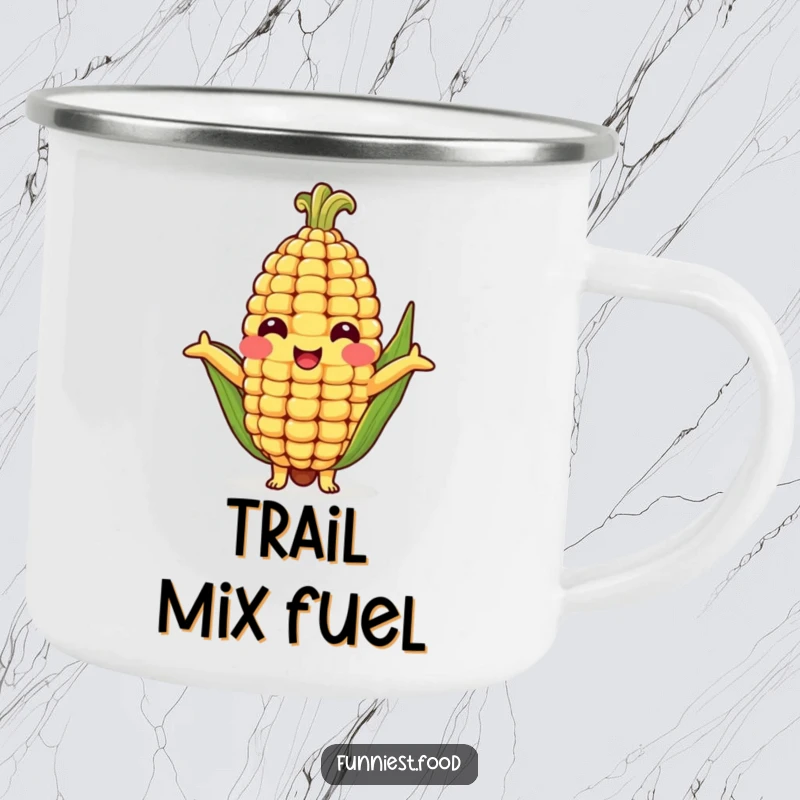 Funny camping mug featuring a smiling corn cob character extending arms for a hug, ideal for outdoor enthusiasts and veggie fans.