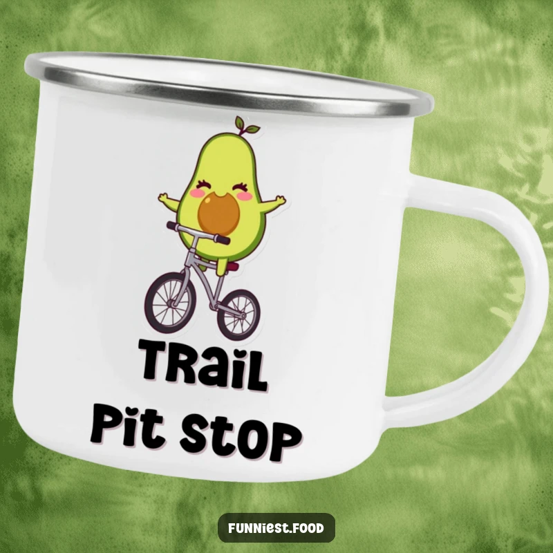 Funny avocado character balancing on a unicycle on a camping mug, ideal for outdoor adventures.