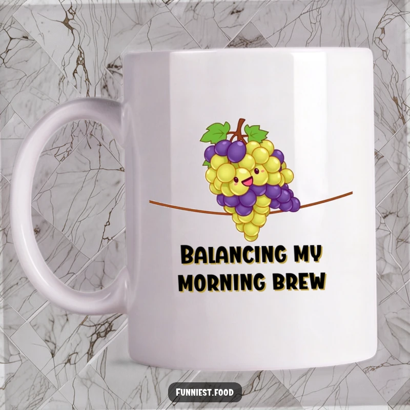 Funny mug showcasing a giddy bunch of grapes bravely performing a tightrope walk with a determined expression.