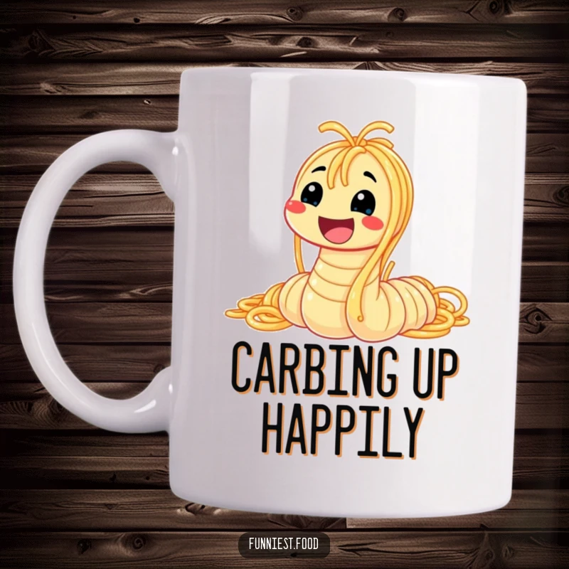 Funny spaghetti worm mug with a smiling worm made entirely of pasta noodles, radiating fun and deliciousness, perfect for a foodie.
