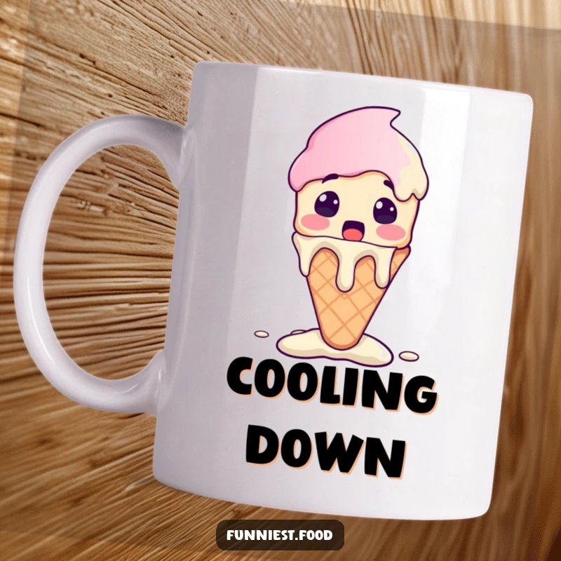 Funny Ice Cream Cone Mug featuring a surprised ice cream character melting with excitement, full of sweet joy.