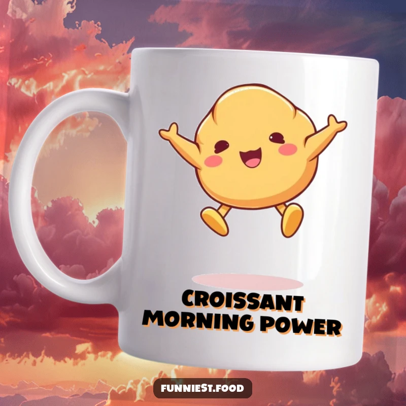 Funny mug featuring a joyful croissant character mid-jump, with butter pats as feet, caught in a whimsical, airy moment.