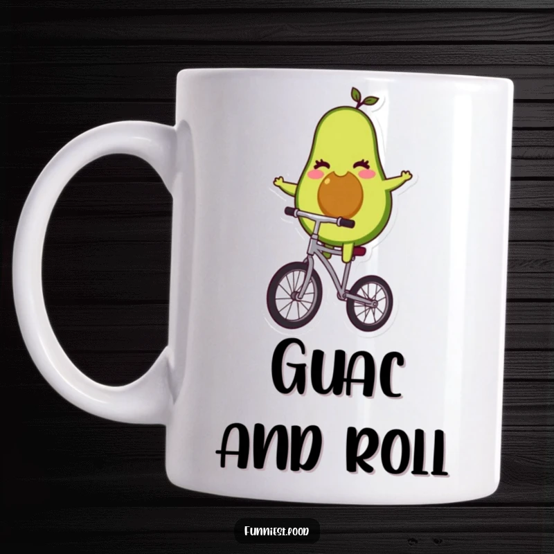 Funny winking avocado character precariously balancing on a unicycle on a mug.