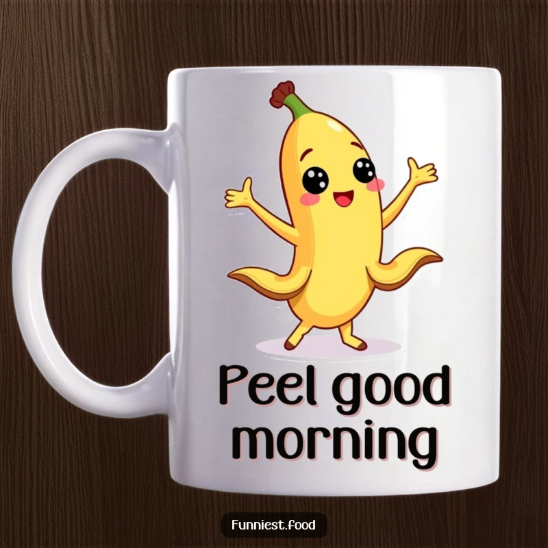 Funny smiling banana character doing a silly dance with peel legs outstretched on a mug.