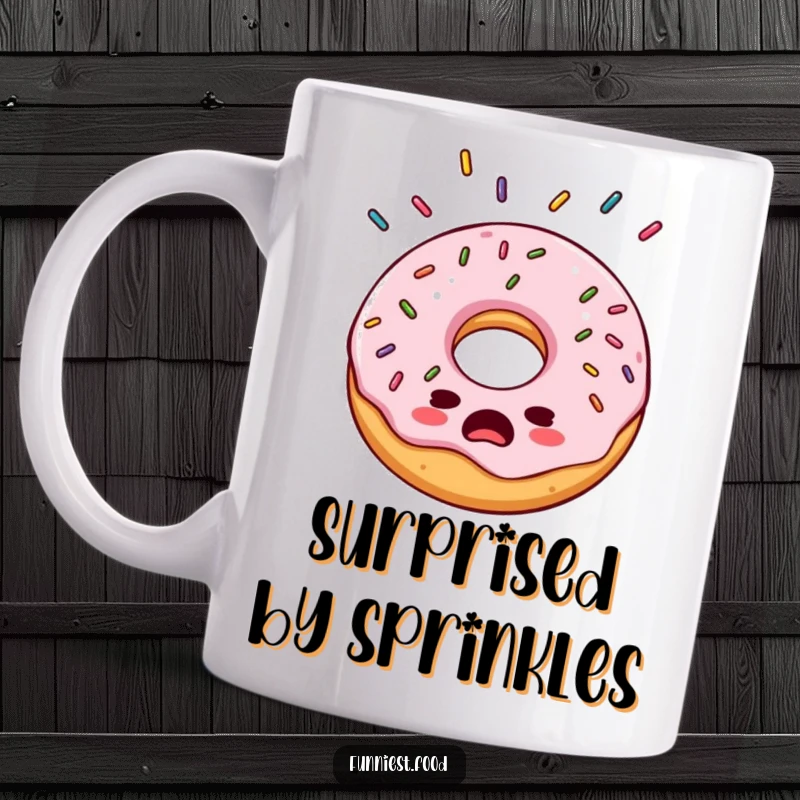 Funny bewildered donut mug, looking surprised as colorful sprinkles rain down on it, a comical treat.