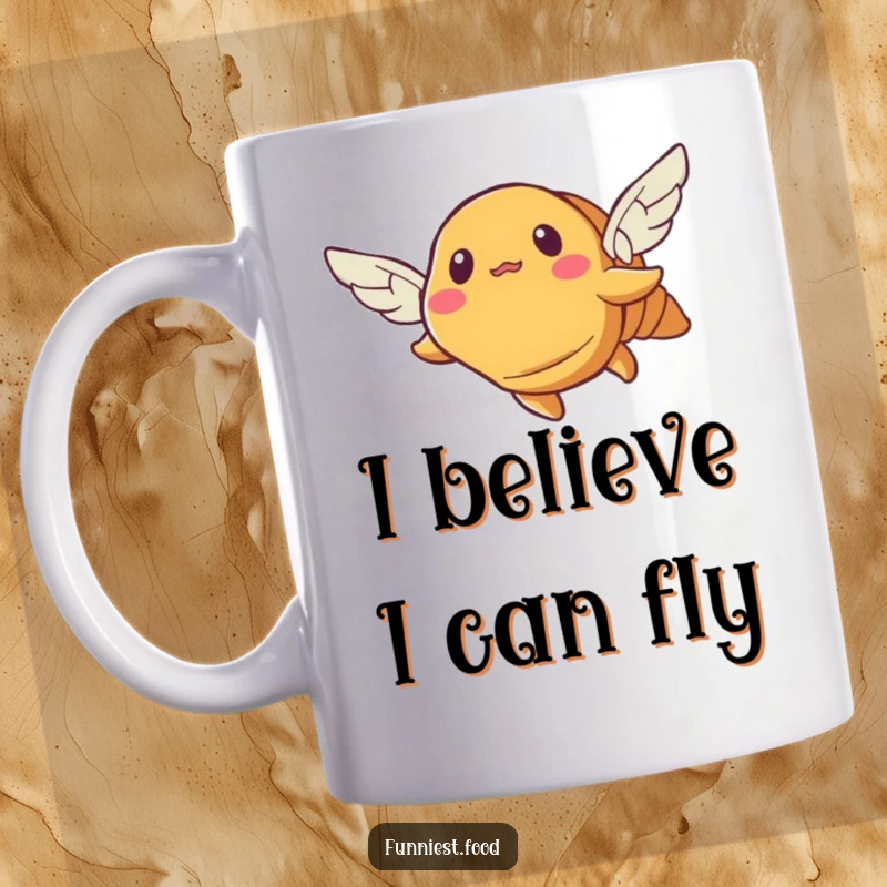 Funny croissant mug with tiny wings, looking bewildered as it attempts to fly, perfect for a humorous breakfast.