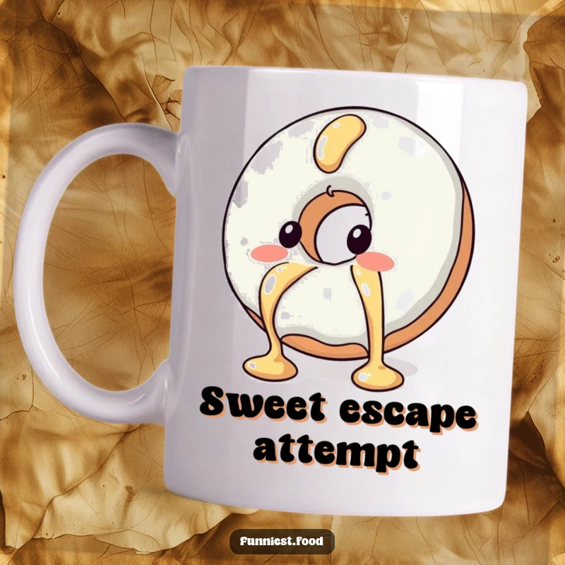 Funny blushing donut character comically attempting to escape a syrup drizzle, conveying shyness and humor on a mug.