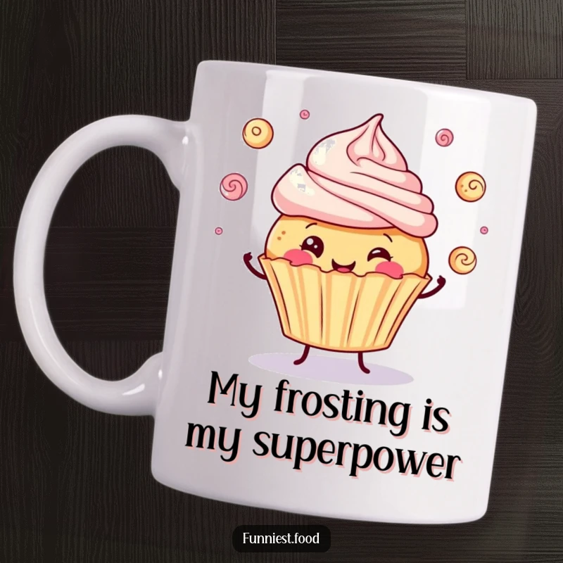 Funny mug featuring a jolly cupcake character expertly juggling small, fluffy frosting swirls with a cheerful expression.