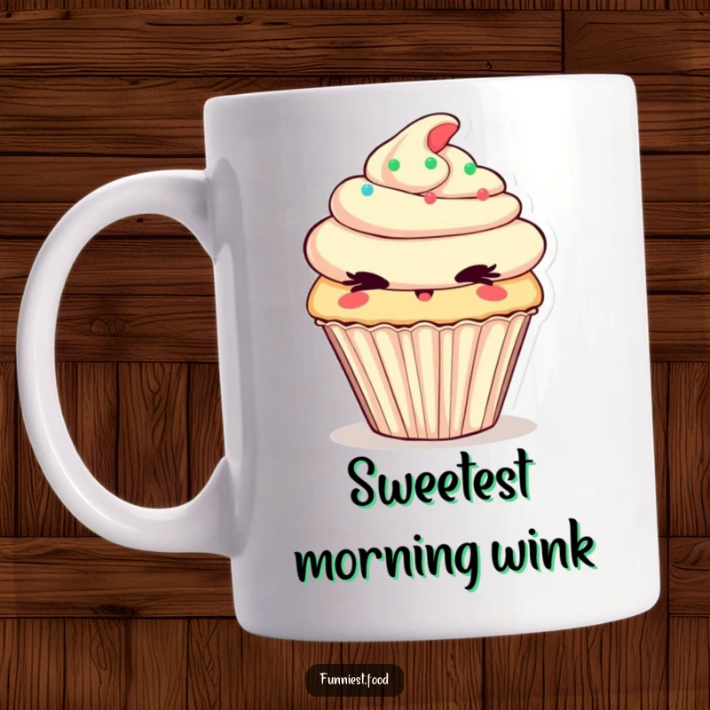 Funny Mug featuring a cheeky cupcake character winking mischievously, exuding playful sweetness and charm.