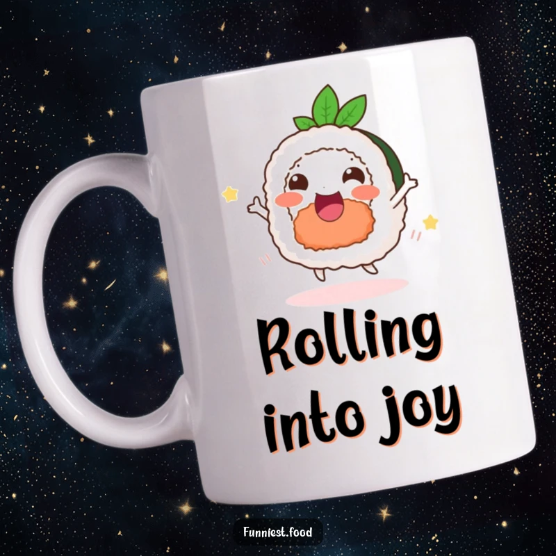 Funny delighted sushi roll mug, doing a happy dance, expressing pure joy.