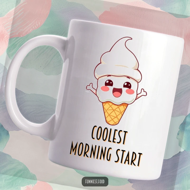 Funny Mug featuring an excited ice cream cone character wearing a cone hat, looking delighted and ready for a treat.