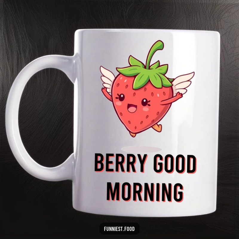 Funny jumping strawberry with tiny wings flying on a mug, embodying playful freedom and fruity joy, a wonderful funny gift.