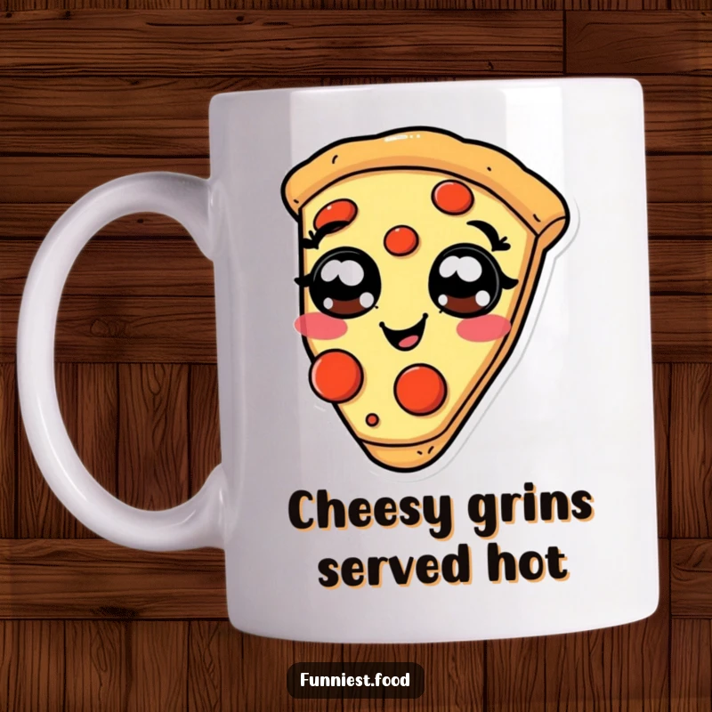 Funny giggling pizza slice mug, with pepperoni eyes, expressing pure amusement.
