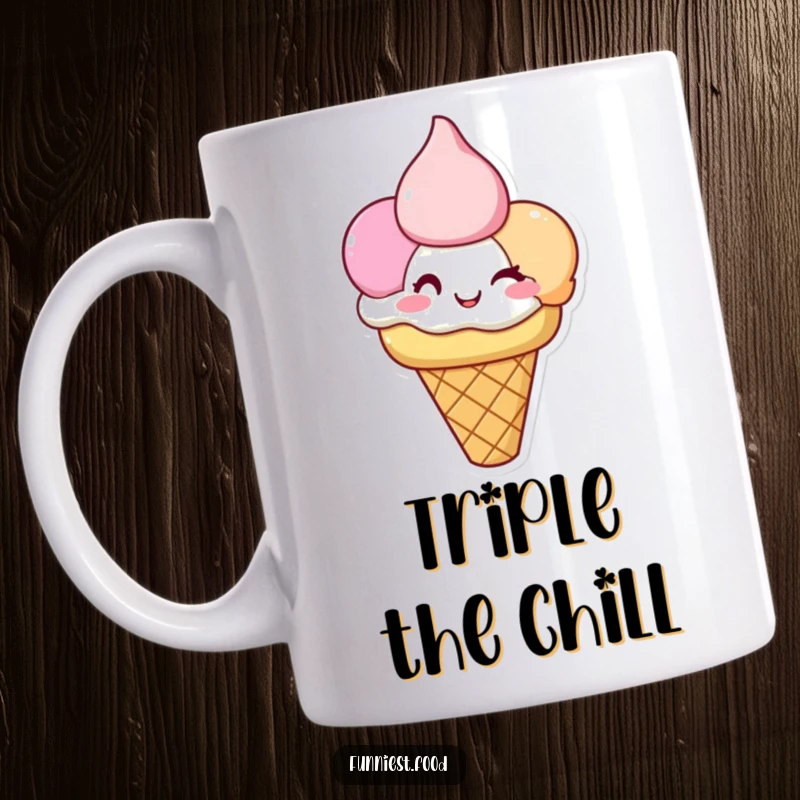 Funny Ice Cream Mug: A happy ice cream cone with three scoops smiles and winks, radiating sweet, joyful charm.