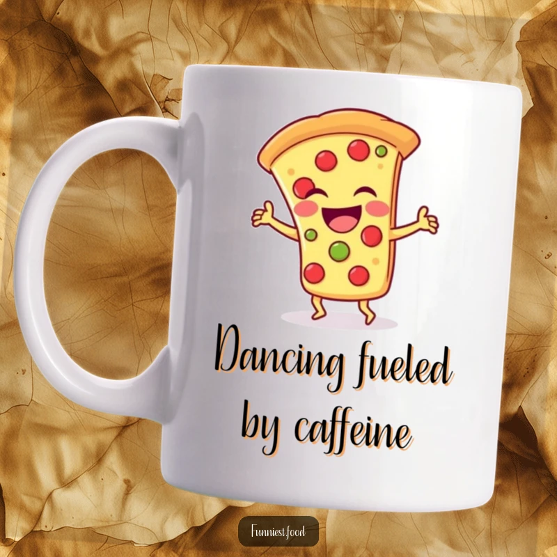 Funny Mug: A laughing pizza slice character joyfully doing a silly dance, radiating pure cartoon happiness and zest for life.