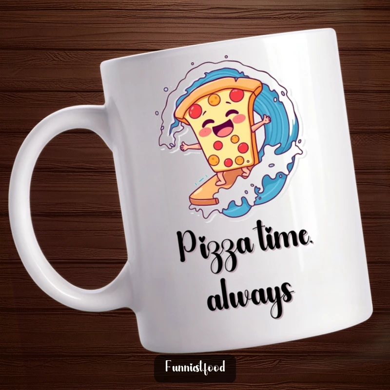 Funny laughing pizza slice surfing a soda wave on a mug, embodying quirky fun and a love for pizza, a great funny gift.