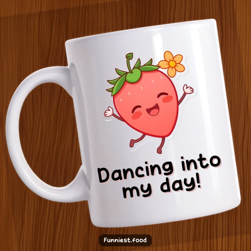 Funny Strawberry Dance Mug: A joyful strawberry character dances with a flower, radiating happiness and fun, ideal for a whimsical funny gift.
