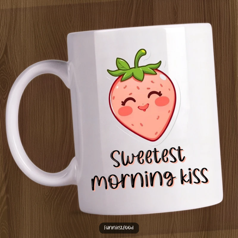 Funny strawberry mug with a cheerful red strawberry blowing a kiss, radiating joy and sweetness, making it a delightful gift.