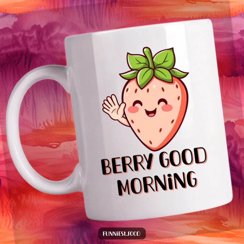 Funny mug featuring a happy strawberry character with leafy hair, enthusiastically waving hello with a cheerful, fruity smile.