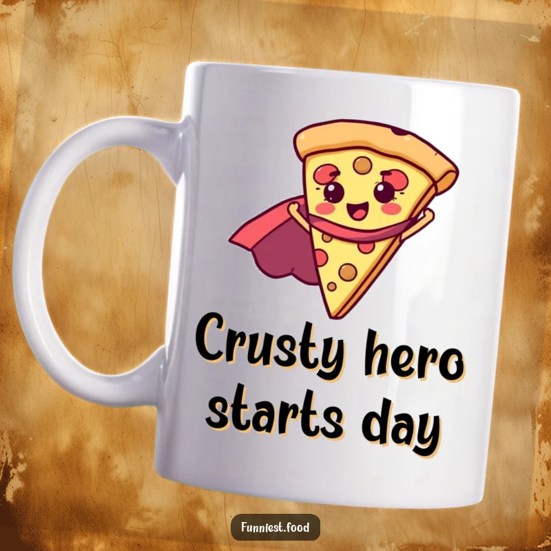 Funny pizza slice with superhero cape, soaring victoriously on this ceramic mug, a fun gift for foodies.