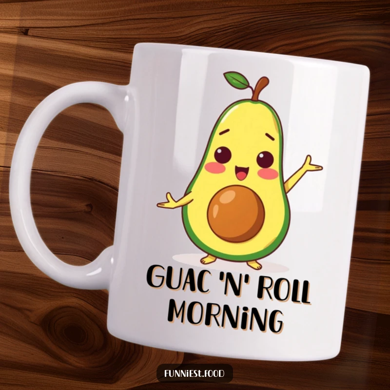 Funny surprised avocado character attempting a yoga pose with wide eyes, depicted on a calming mug.