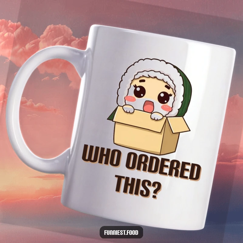 Funny sushi roll character with wide eyes peeking from a box, conveying surprise and humor on a mug.