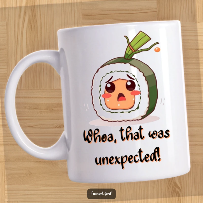 Funny Sushi Roll Mug: A startled sushi character recoils from flying seaweed, expressing shock and amusement, perfect for a funny gift.