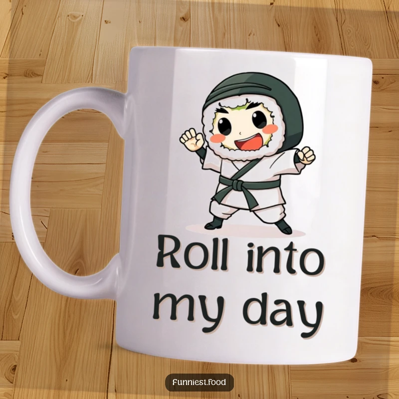 Funny Sushi Mug: A gleeful sushi roll character performs a dynamic karate chop motion with playful energy.